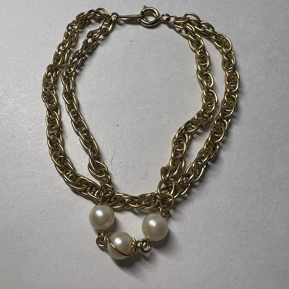 Vintage Gold Tone Multi Strand Link Chain Faux Pearl Statement Bracelet 7 Inch